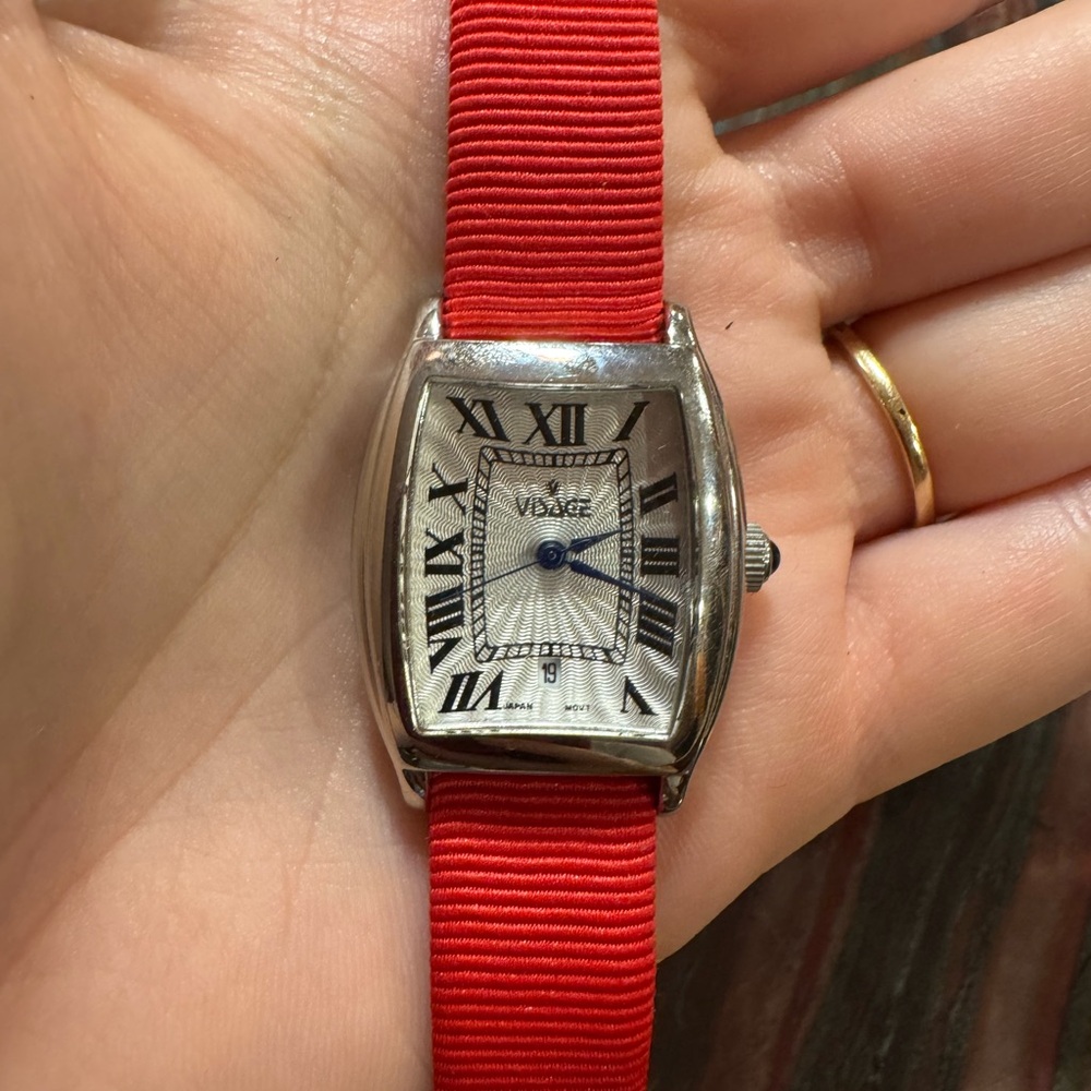 Silver Watch with Red Strap